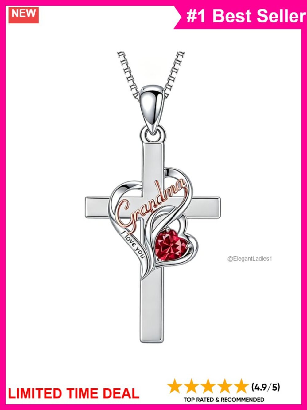 Sterling Silver Grandma Cross Pendant Necklace January Garnet Birthstone Gift